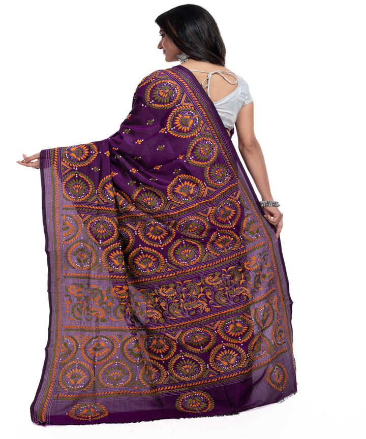 Mauve handwoven kantha stitch silk saree