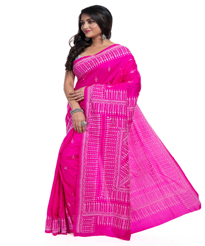 Pink silk handwoven kantha stitch saree