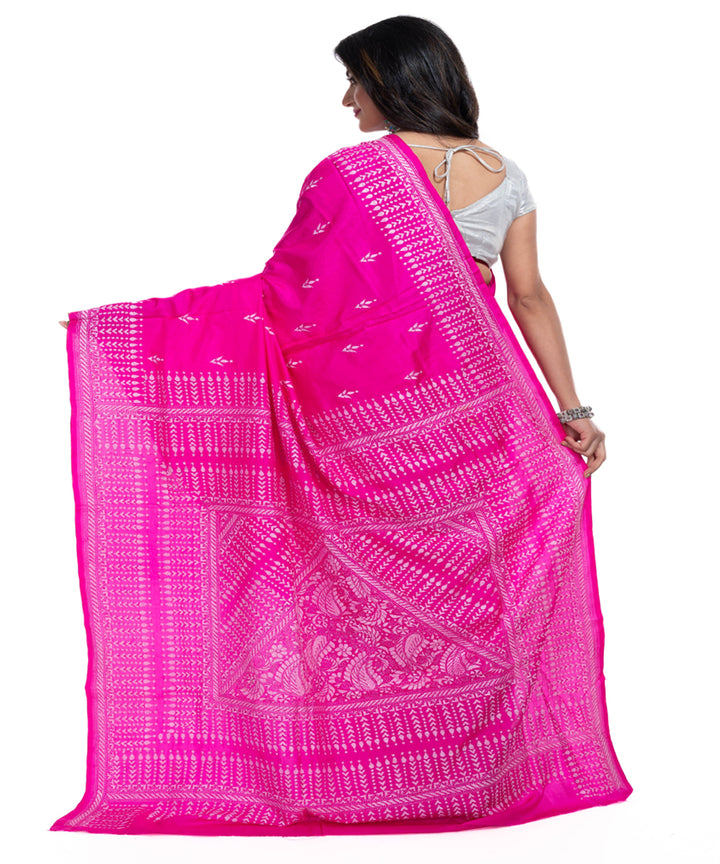 Pink silk handwoven kantha stitch saree