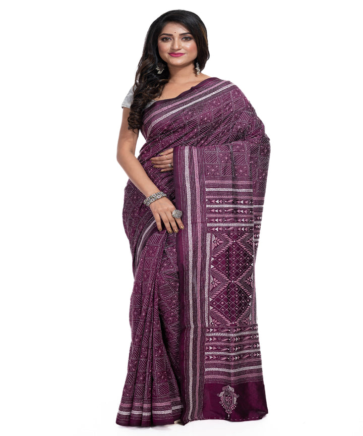 Mauve silk handwoven kantha stitch saree