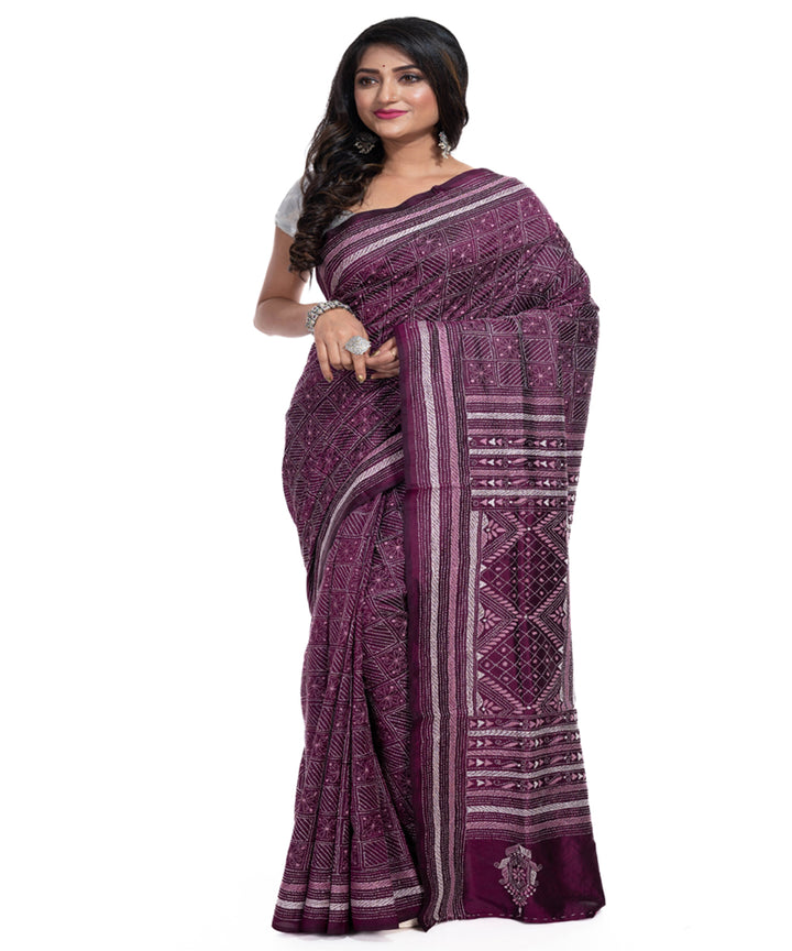 Mauve silk handwoven kantha stitch saree