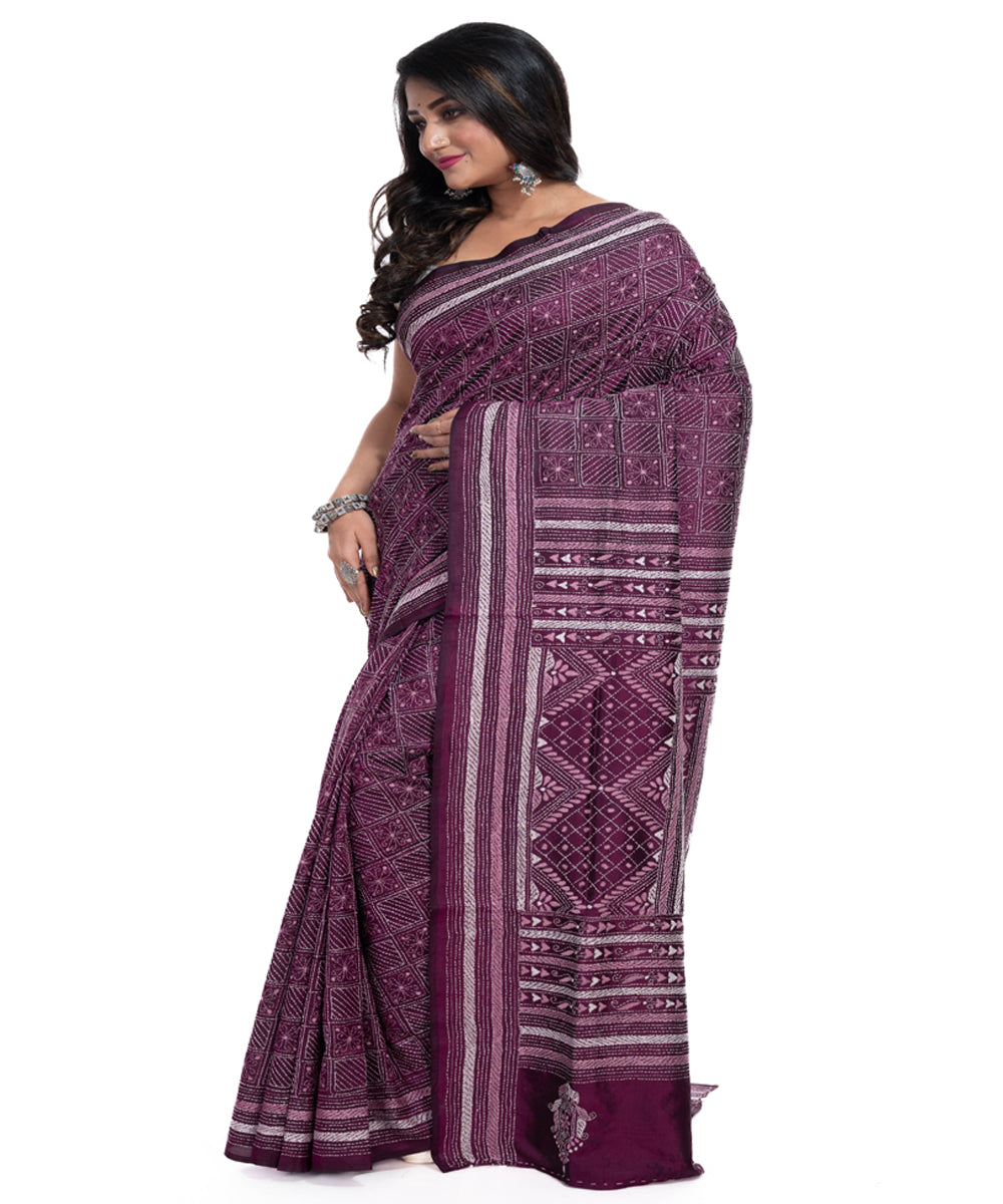 Mauve silk handwoven kantha stitch saree