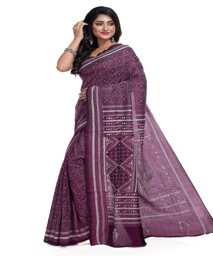 Mauve silk handwoven kantha stitch saree