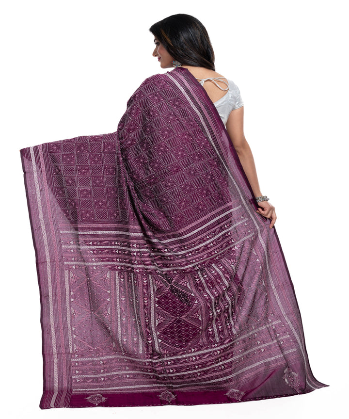 Mauve silk handwoven kantha stitch saree