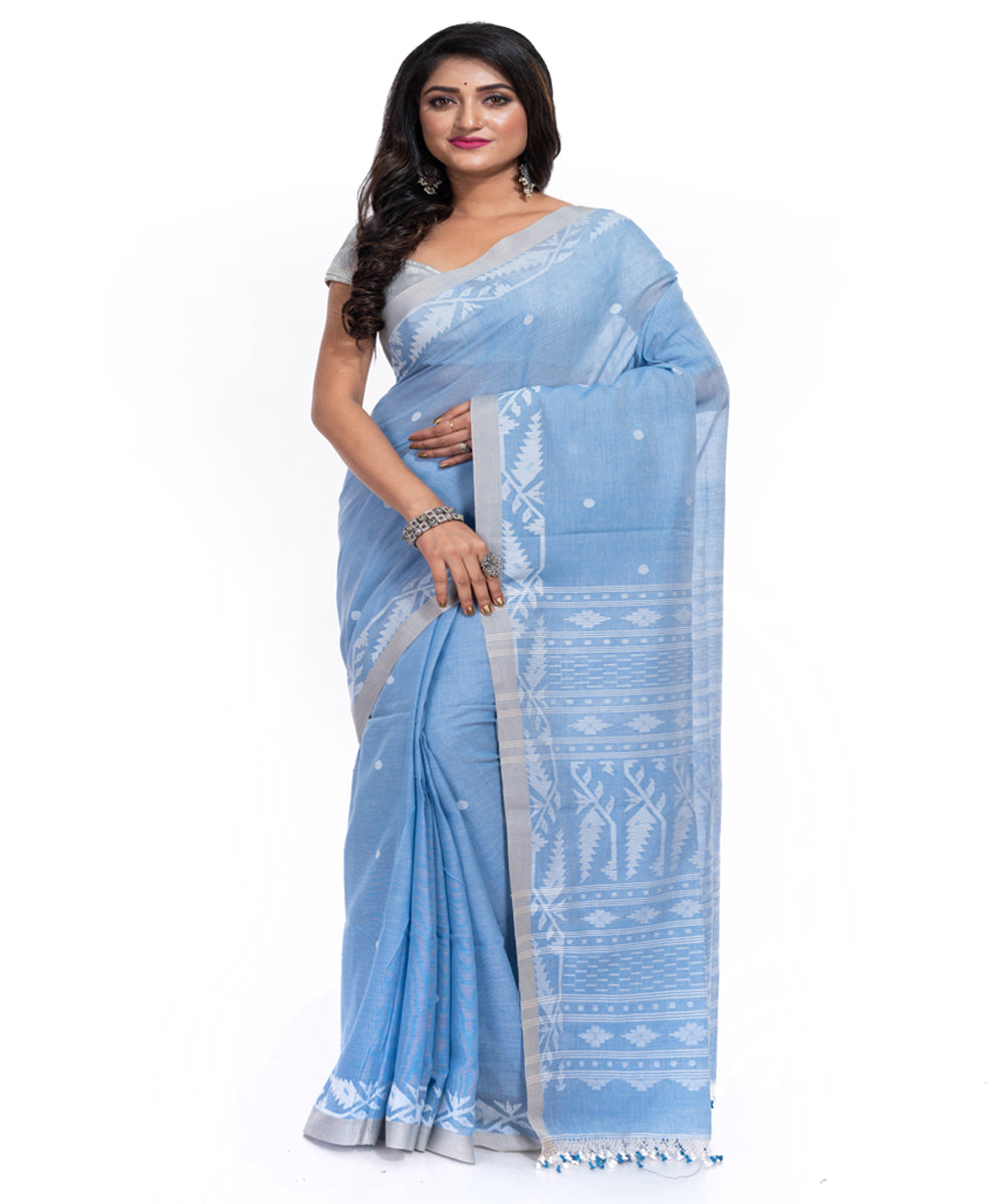 Indigo cotton silk handwoven jamdani saree