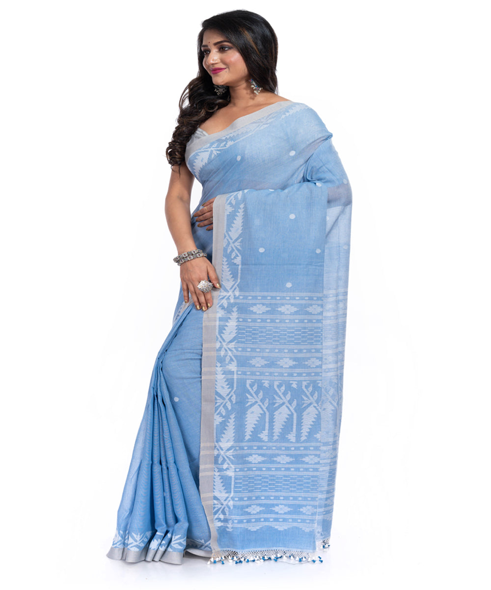 Indigo cotton silk handwoven jamdani saree