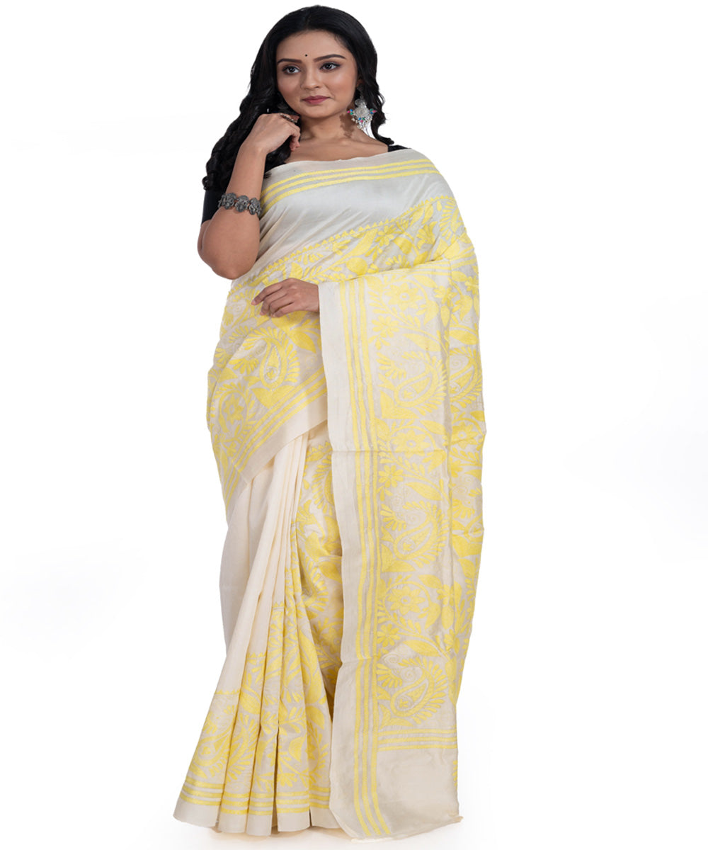 Yellow offwhite handwoven tussar silk kantha stitch saree