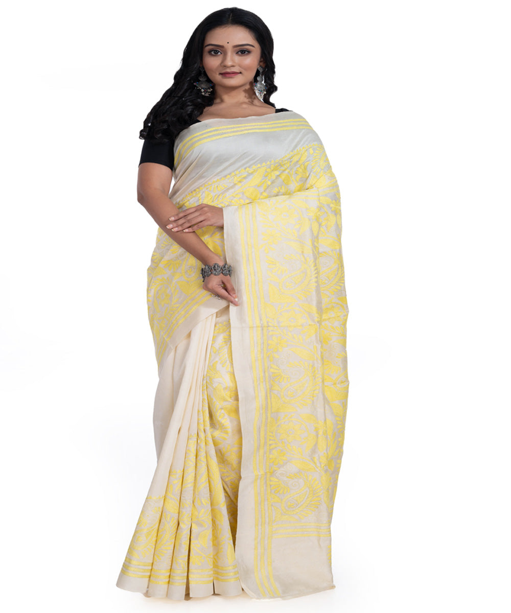 Yellow offwhite handwoven tussar silk kantha stitch saree