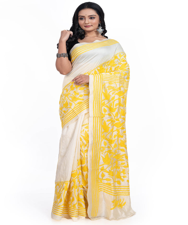 Yellow offwhite tussar silk kantha stitch handwoven saree