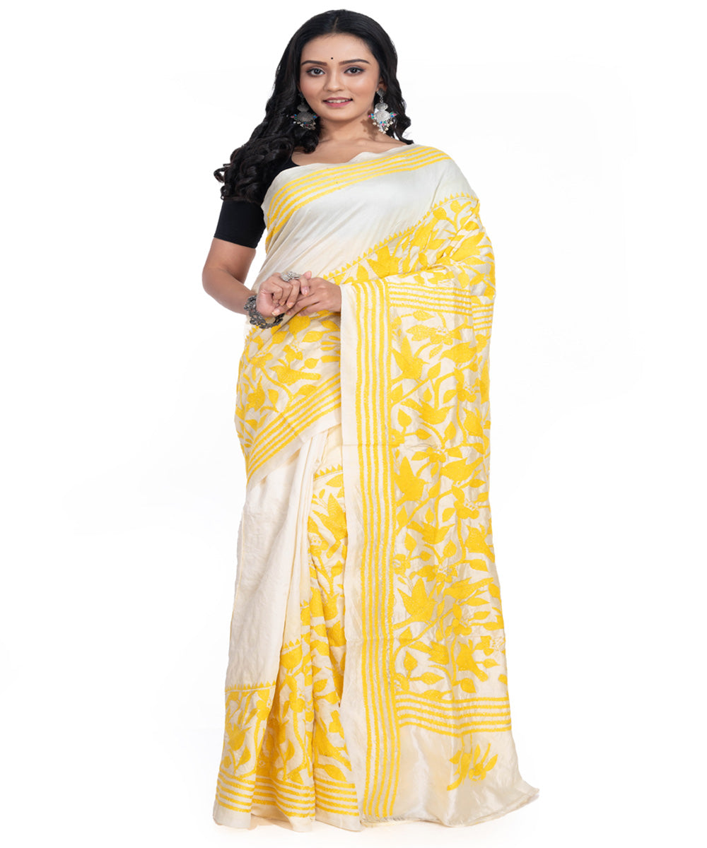 Yellow offwhite tussar silk kantha stitch handwoven saree
