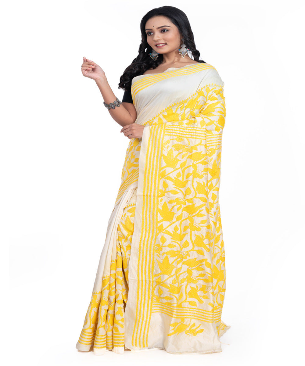 Yellow offwhite tussar silk kantha stitch handwoven saree