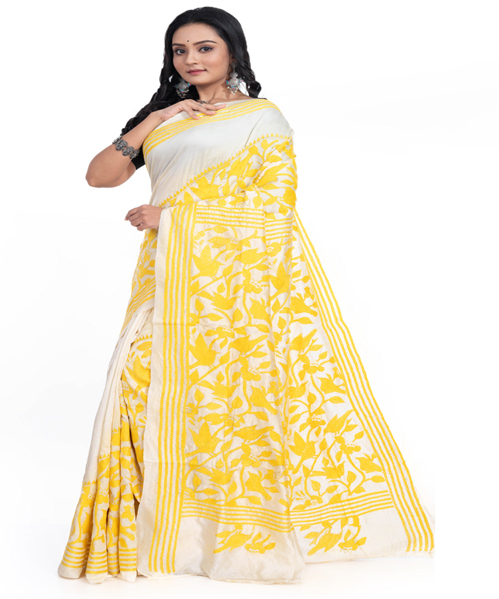 Yellow offwhite tussar silk kantha stitch handwoven saree