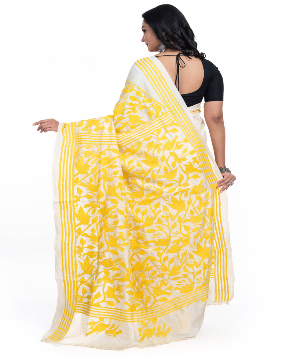 Yellow offwhite tussar silk kantha stitch handwoven saree
