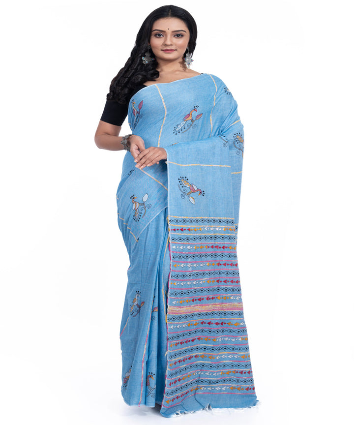 Cyan blue handwoven cotton kantha stitch saree