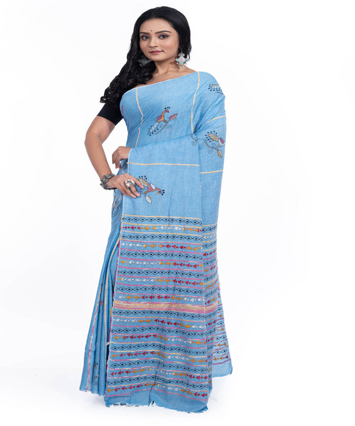 Cyan blue handwoven cotton kantha stitch saree