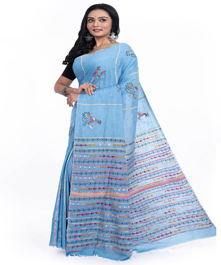 Cyan blue handwoven cotton kantha stitch saree