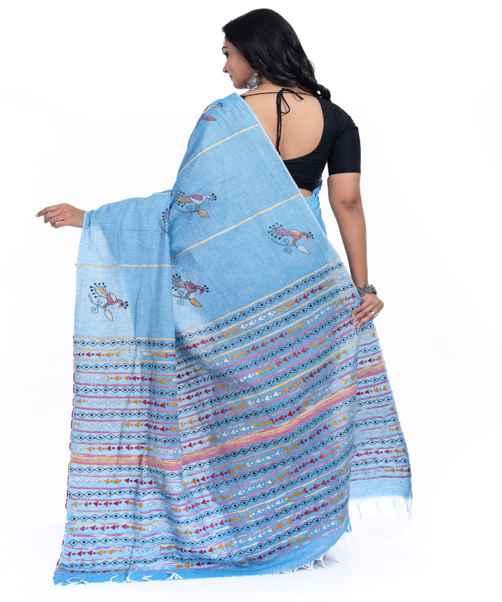 Cyan blue handwoven cotton kantha stitch saree