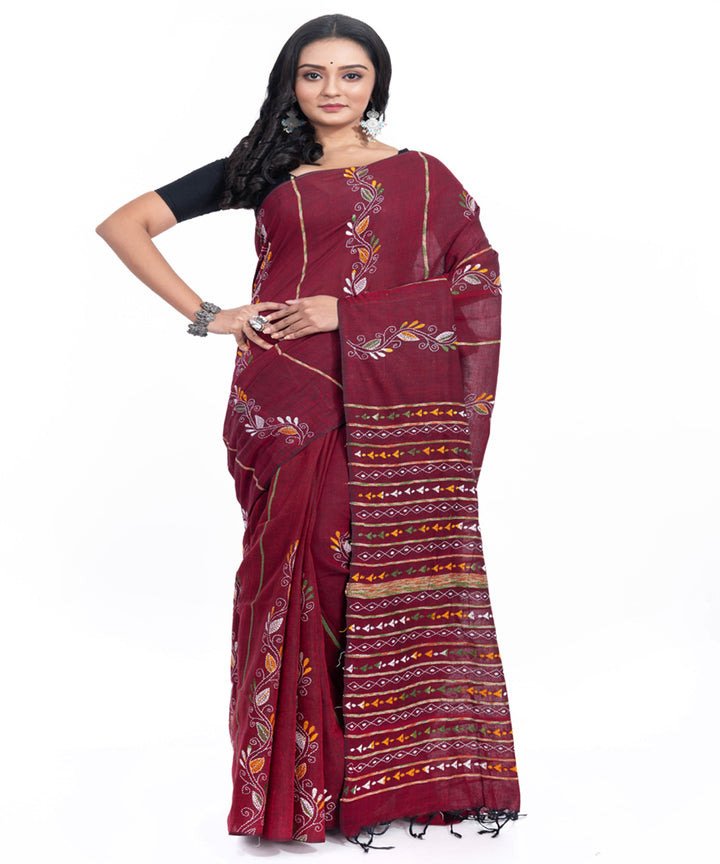 Maroon handwoven cotton kantha stitch saree