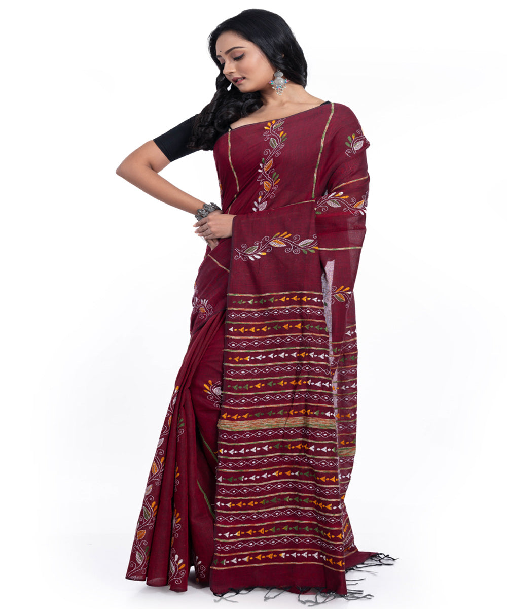 Maroon handwoven cotton kantha stitch saree