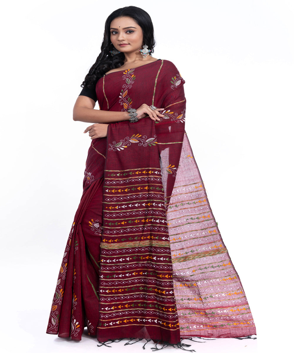 Maroon handwoven cotton kantha stitch saree