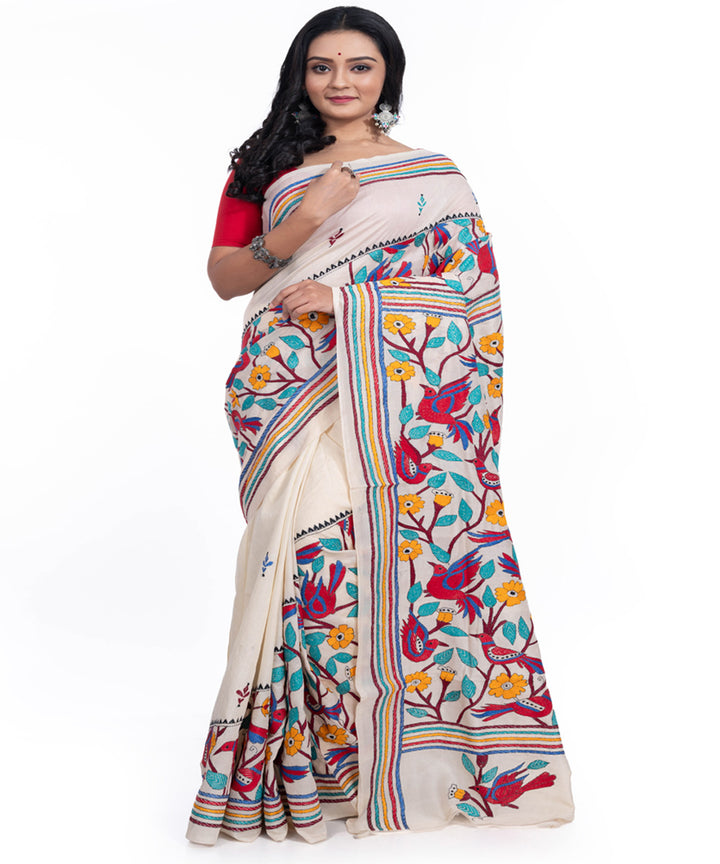 Offwhite multicolor handwoven kantha stitch tussar silk saree