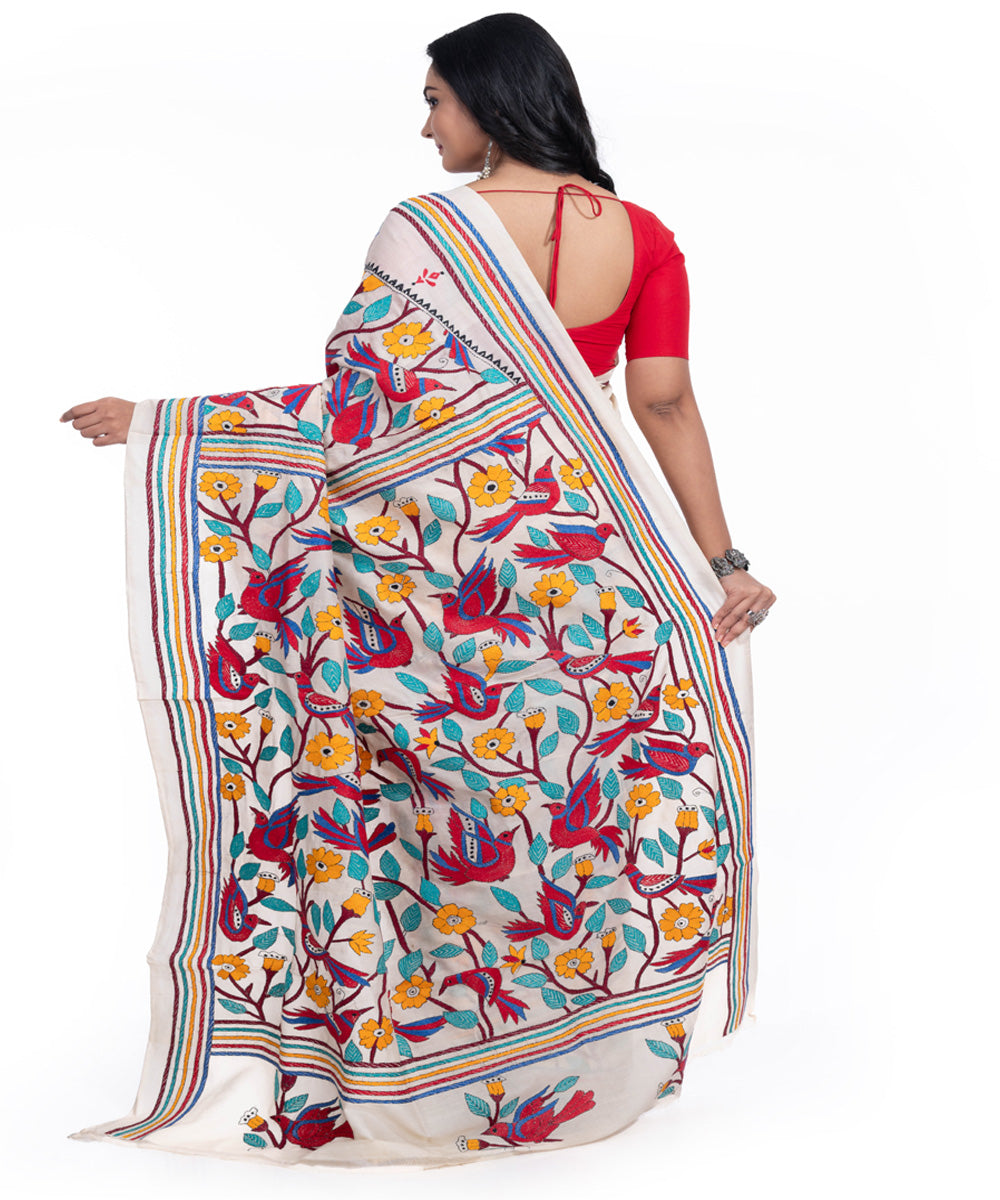 Offwhite multicolor handwoven kantha stitch tussar silk saree