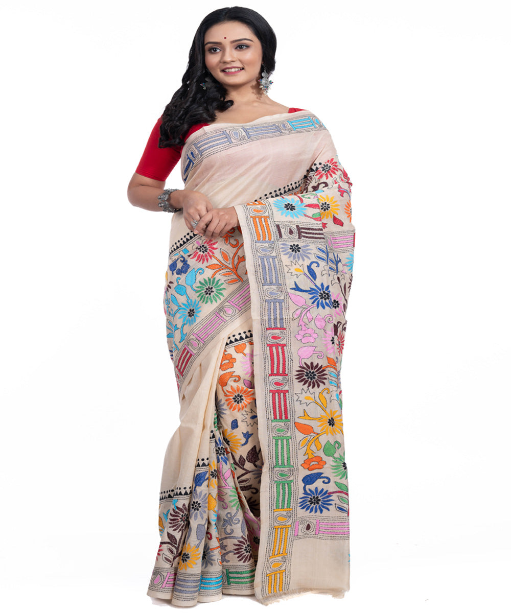 Offwhite floral handwoven tussar silk kantha stitched saree