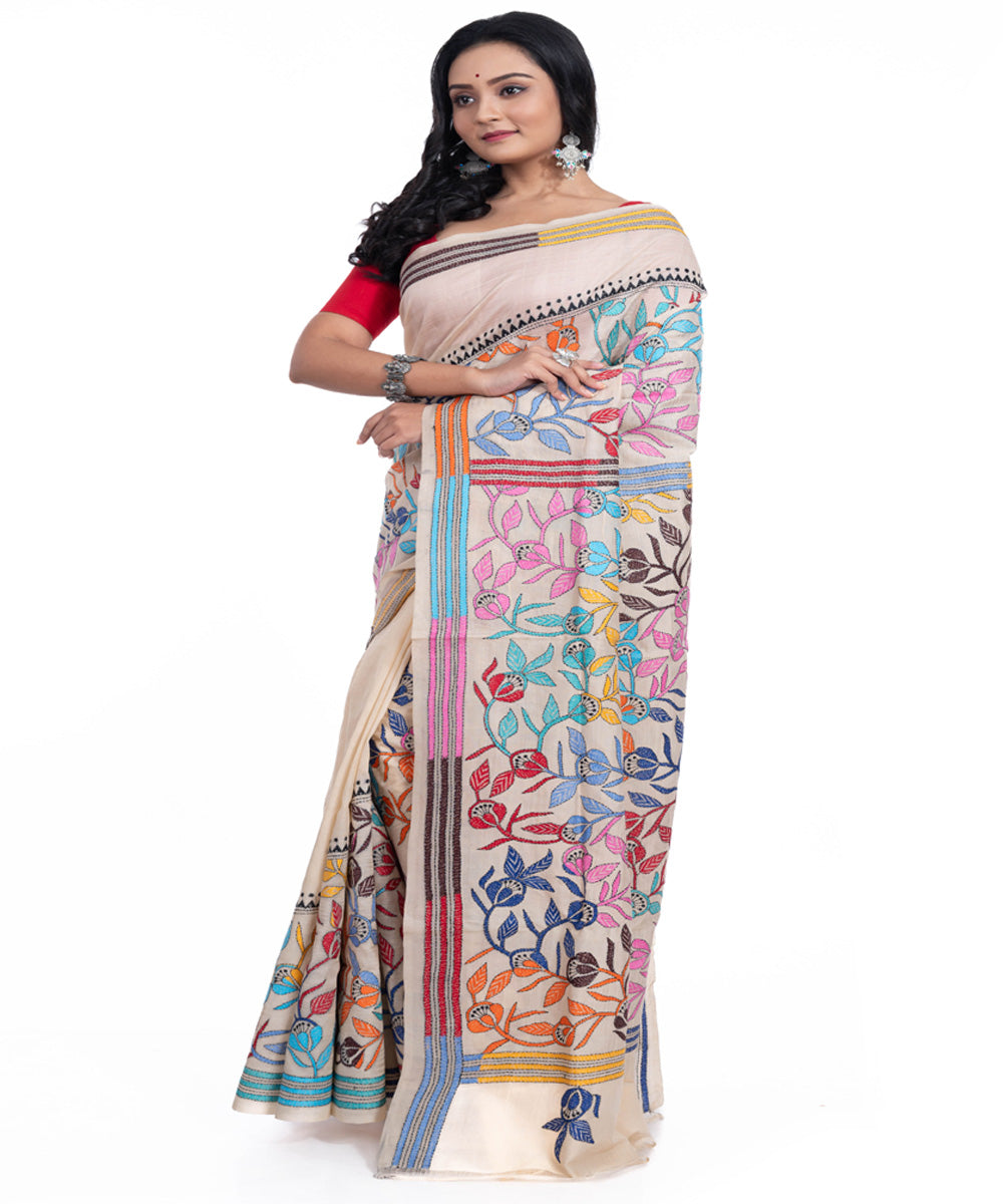 Offwhite multicolor kantha stitch handwoven tussar silk saree