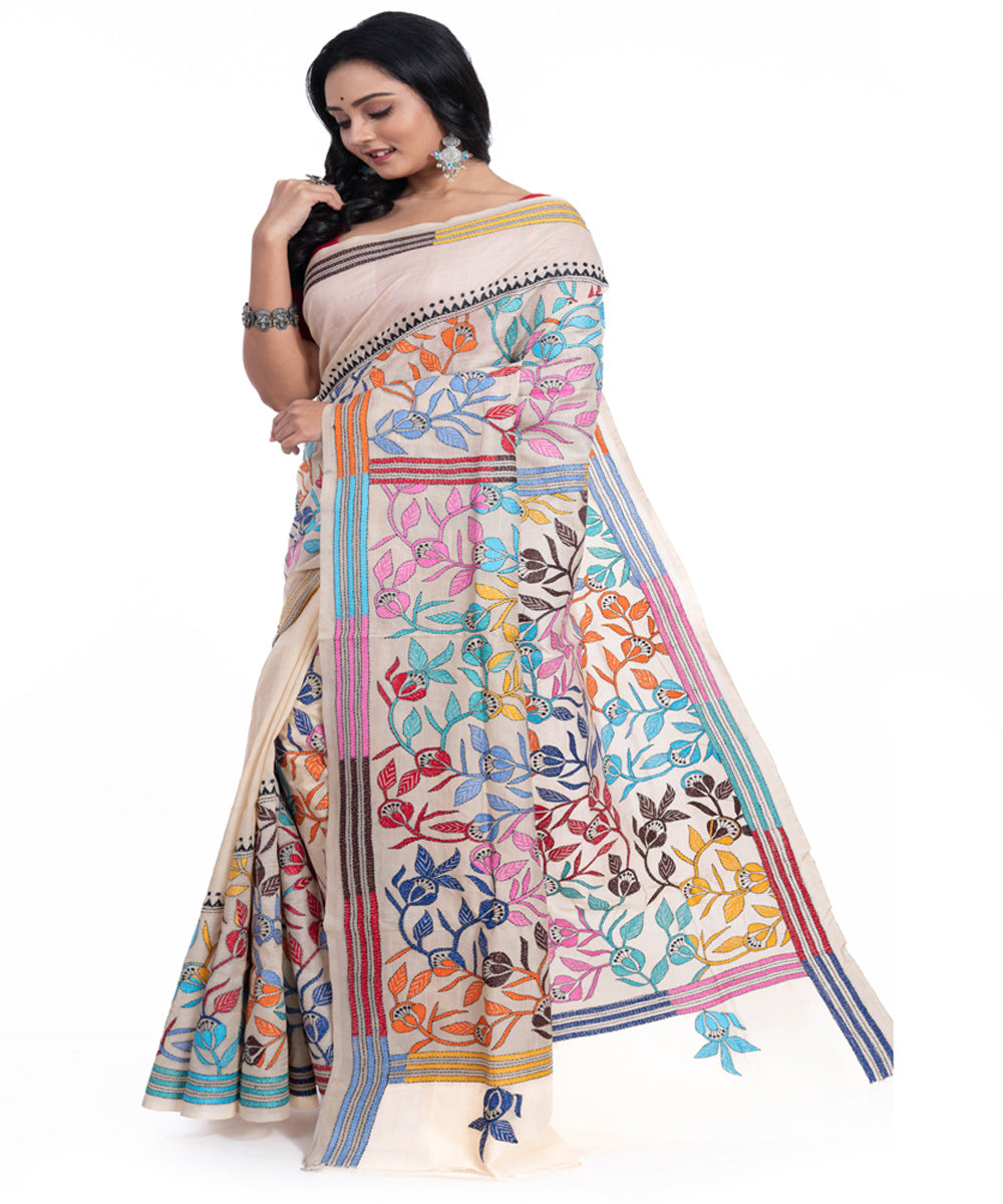 Offwhite multicolor kantha stitch handwoven tussar silk saree