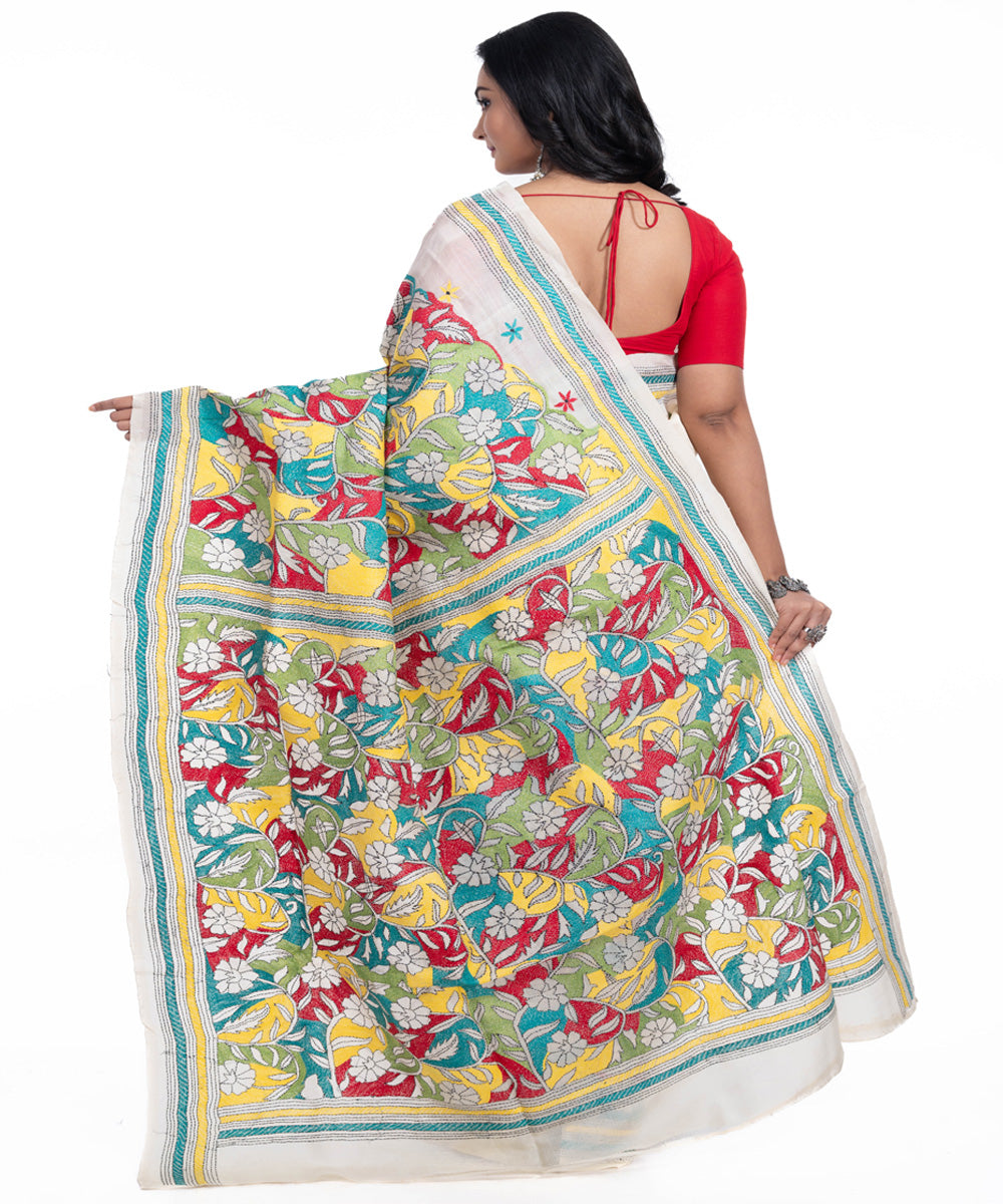 White blue yellow handwoven tussar silk kantha stitch saree