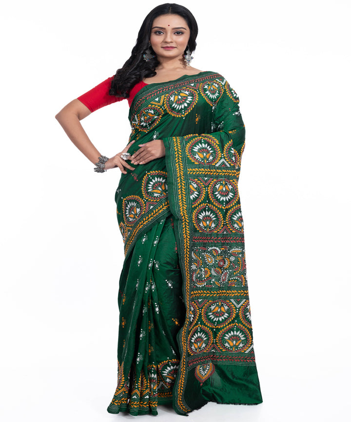 Dark green handwoven silk kantha stitch saree