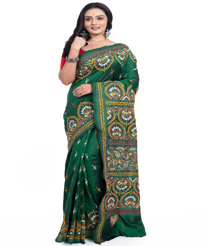 Dark green handwoven silk kantha stitch saree