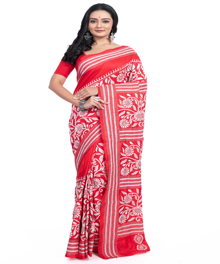Red white handwoven silk kantha stitch saree