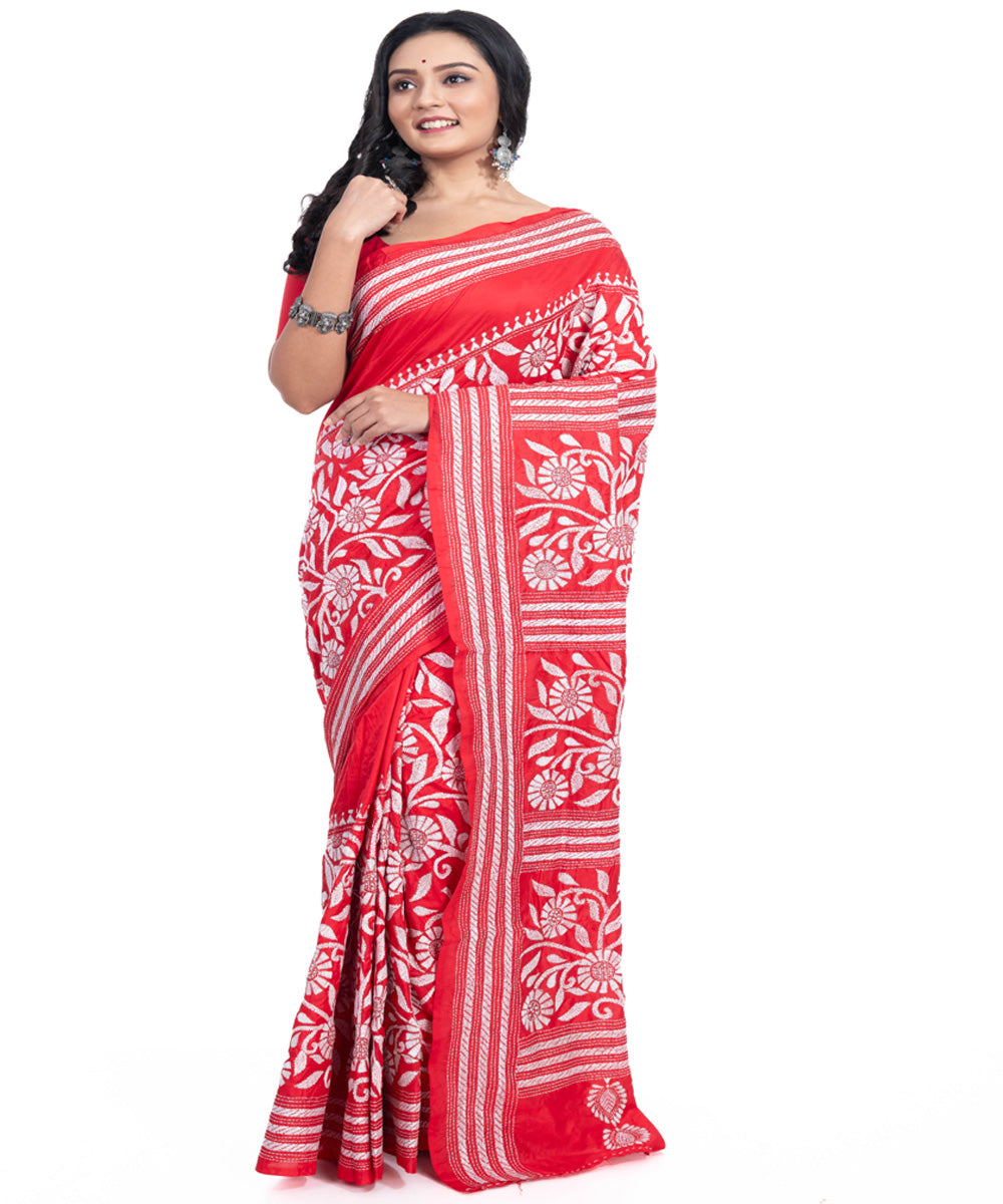 Red white handwoven silk kantha stitch saree