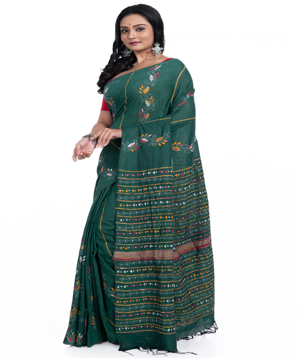 Dark green handwoven kantha stitch cotton saree