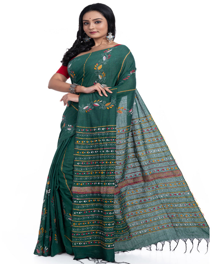 Dark green handwoven kantha stitch cotton saree