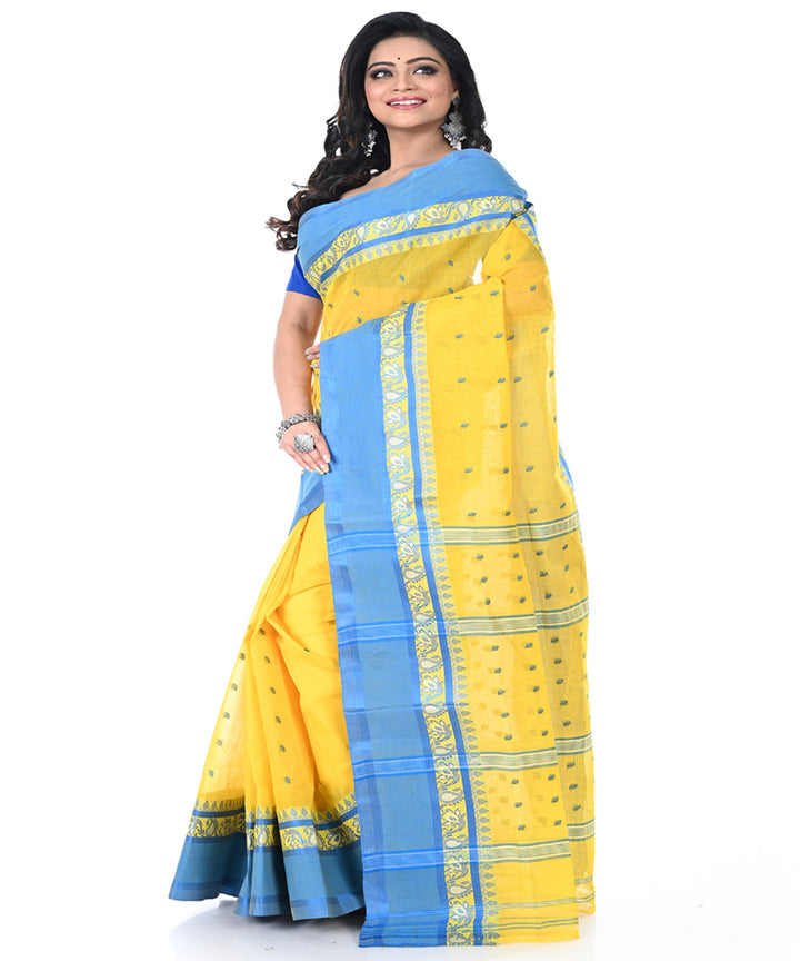 Yellow blue handwoven tangail cotton saree