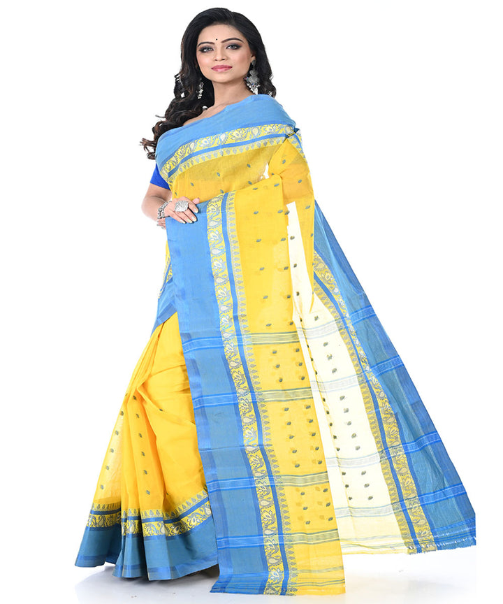 Yellow blue handwoven tangail cotton saree