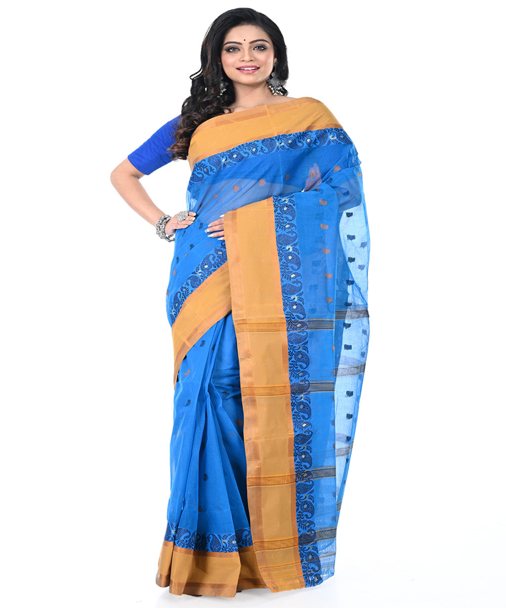 Sky blue brown handwoven cotton tangail saree