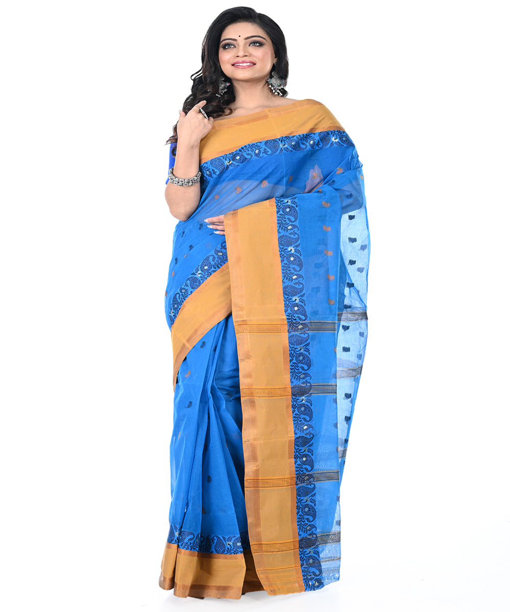 Sky blue brown handwoven cotton tangail saree