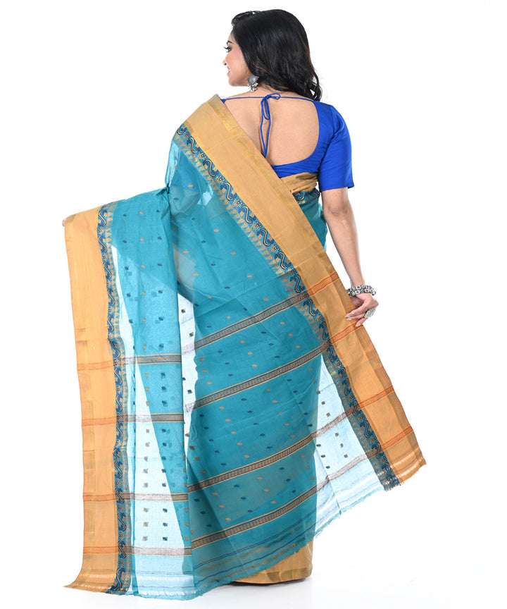 Cyan blue brown handwoven cotton tangail saree