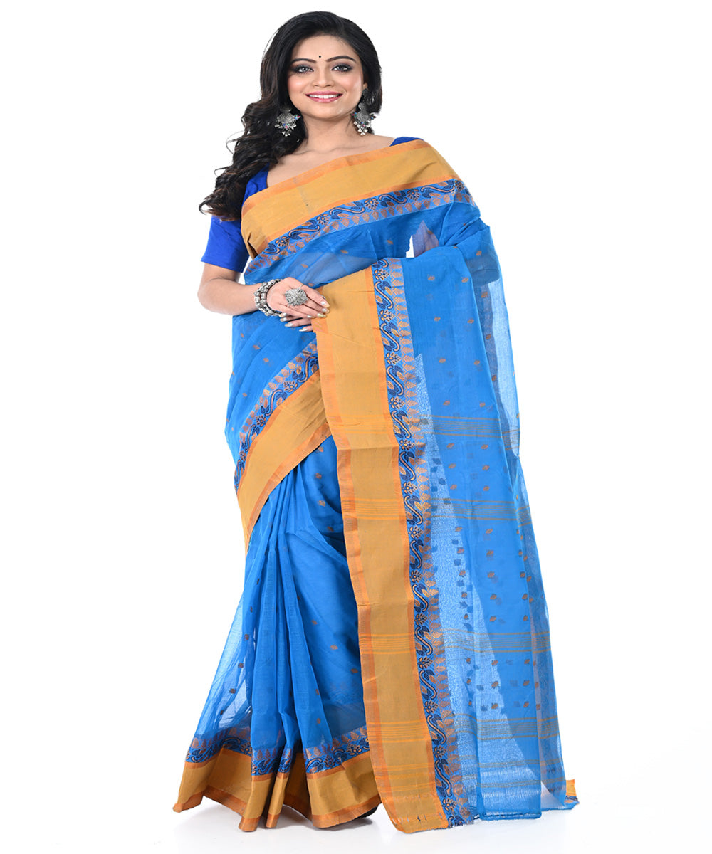 Sky blue brown cotton handwoven tangail saree