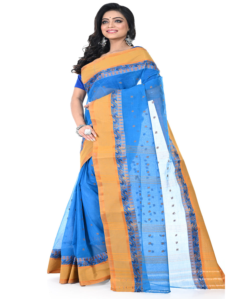 Sky blue brown cotton handwoven tangail saree