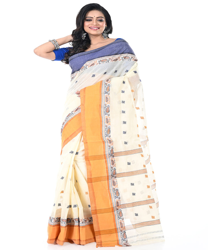 Offwhite brown handwoven cotton tangail saree