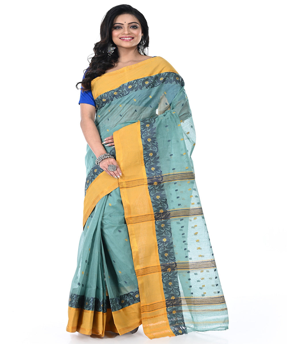 Light green brown handwoven cotton tangail saree