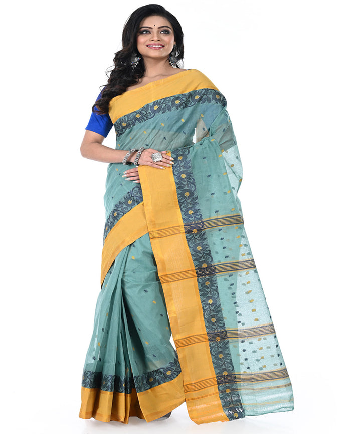 Light green brown handwoven cotton tangail saree