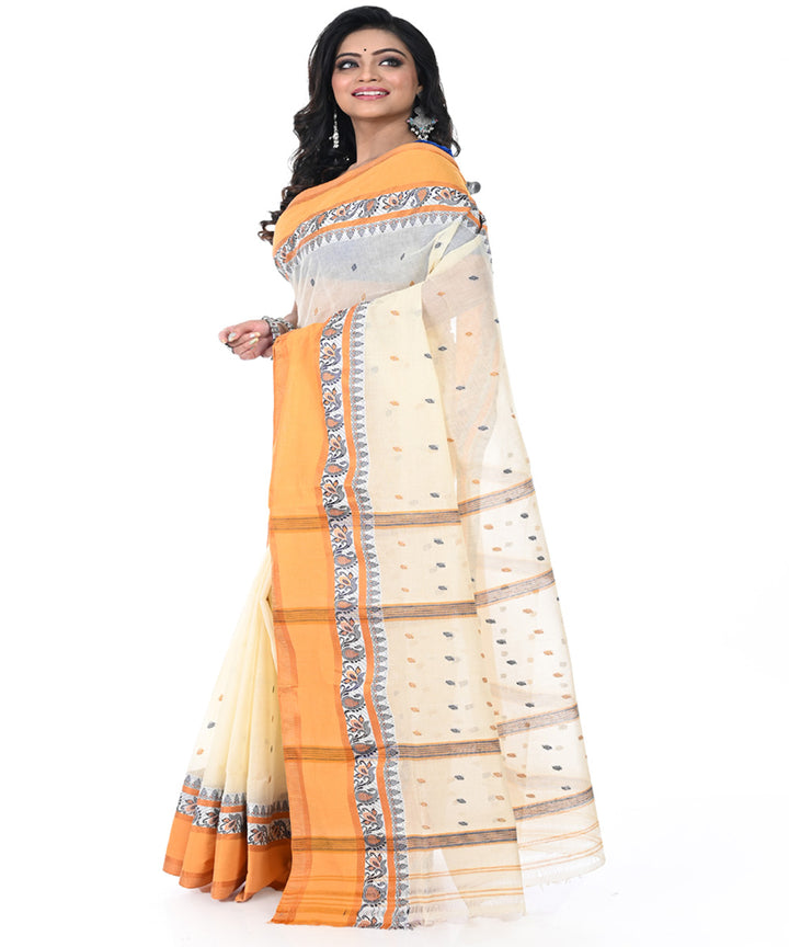Offwhite brown handwoven tangail cotton saree