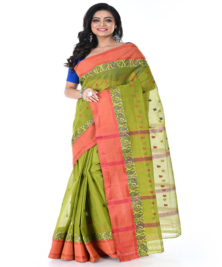 Lime green pink handwoven cotton tangail saree