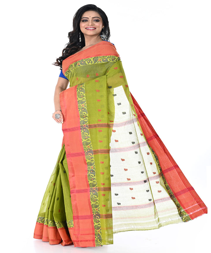 Lime green pink handwoven cotton tangail saree