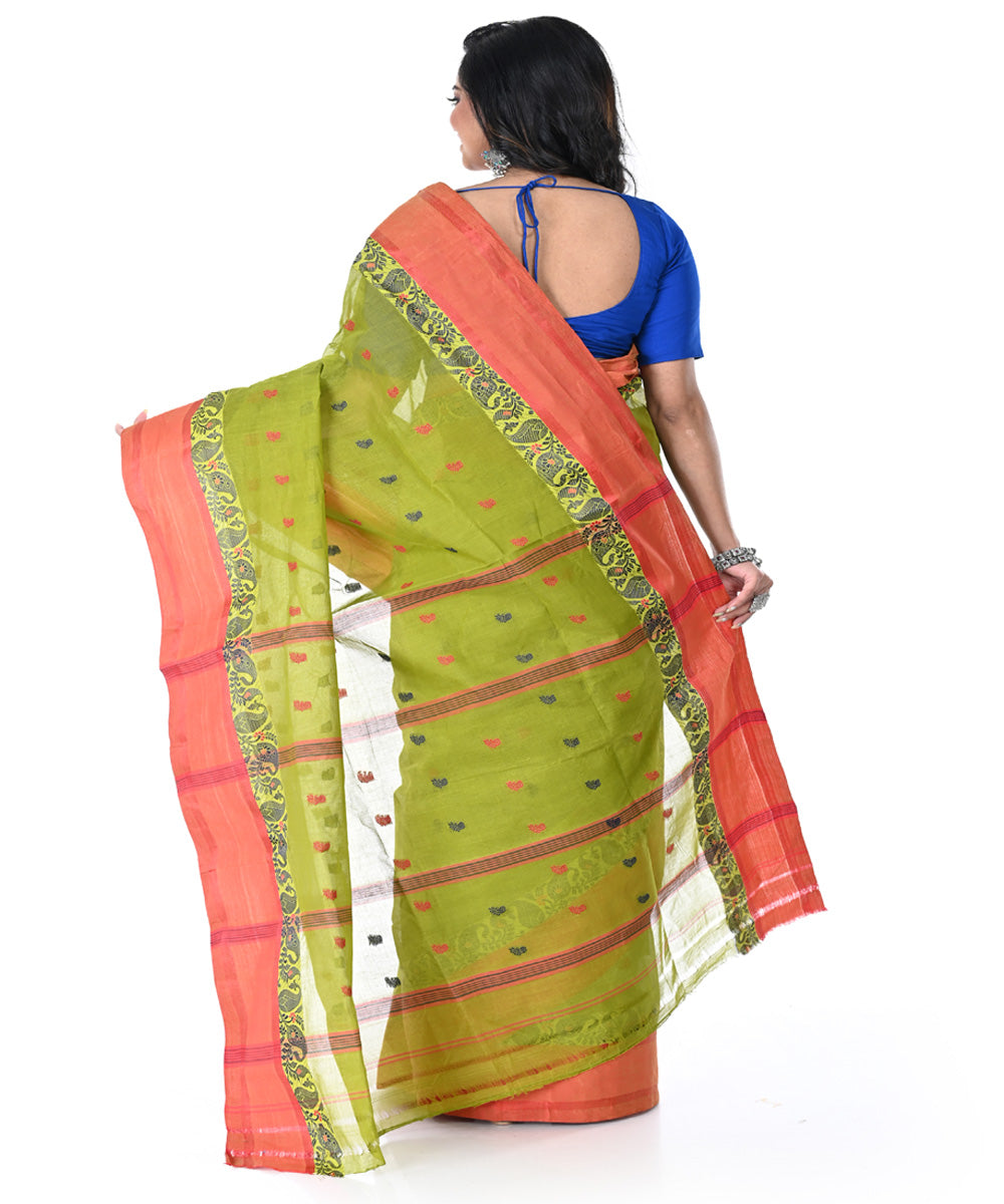 Lime green pink handwoven cotton tangail saree